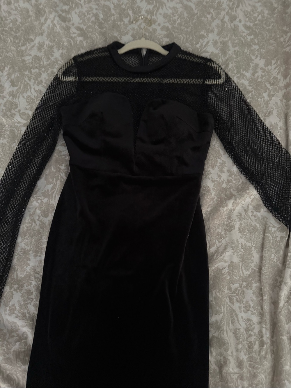 Black Mesh-Sleeve Velvet Evening Dress
